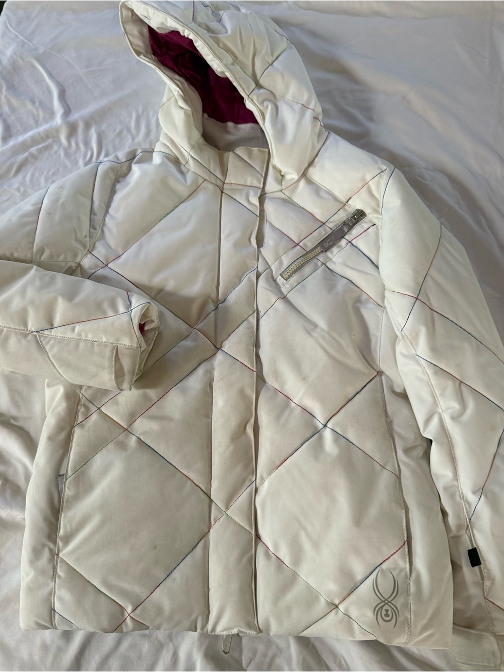 Spyder Girls Size 12 Insulated Ski Jacket – White/Pink – Hooded